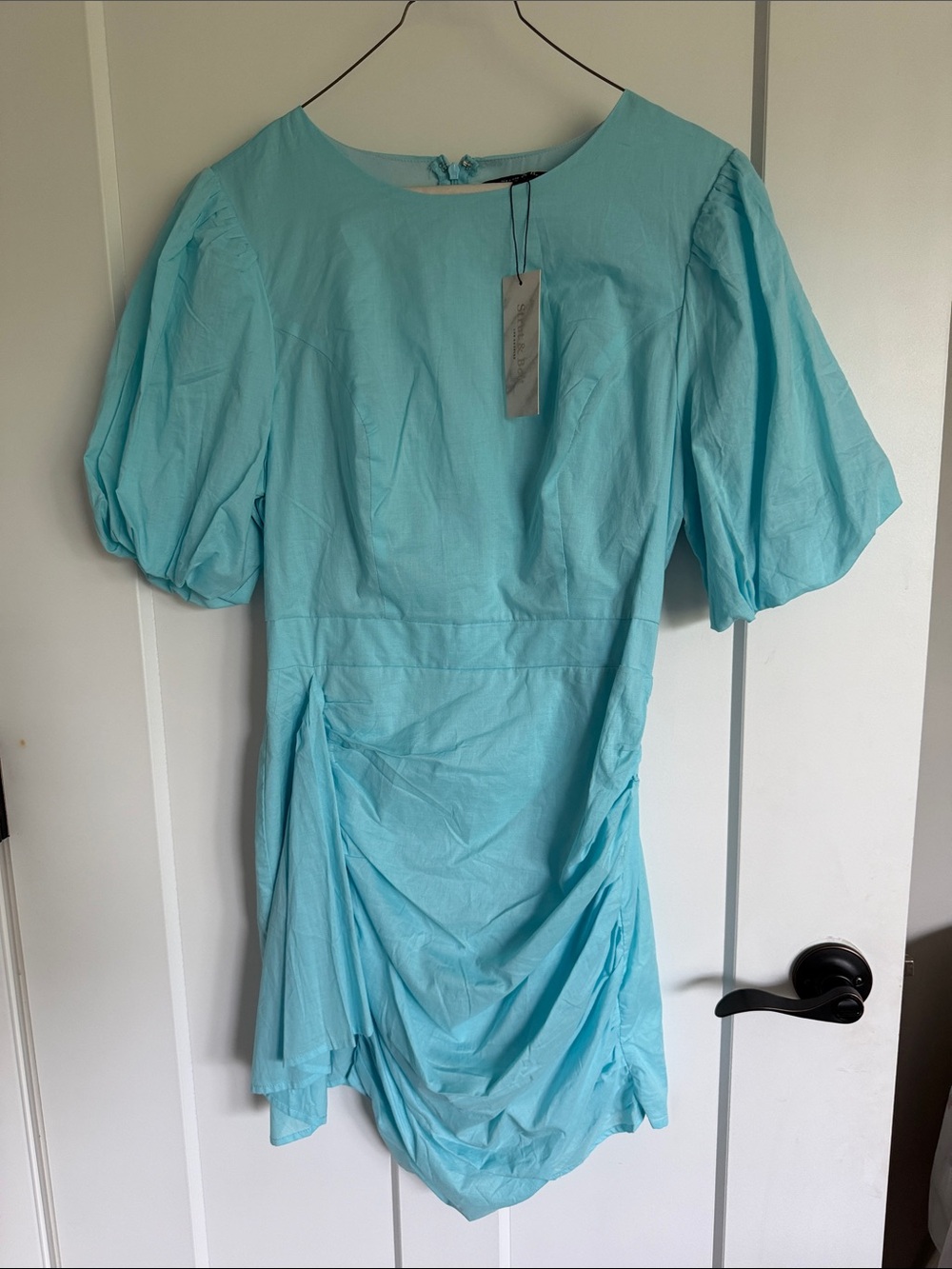 Strut and Bolt Light Blue Puff Sleeve Ruched Mini Dress